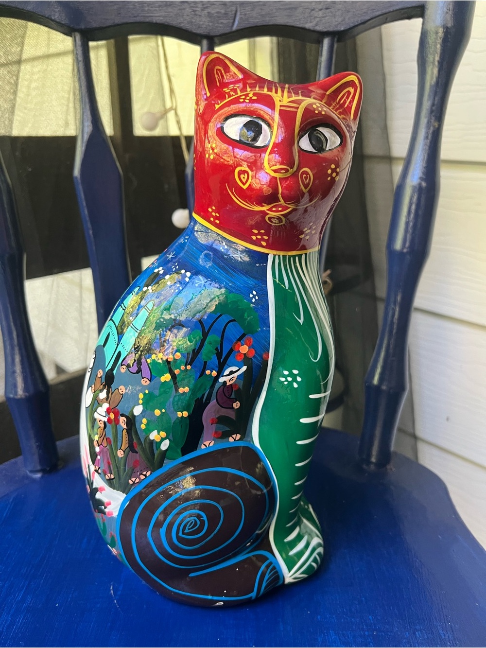 Hand-Painted Cat Figurine in Red and Green - Decorative Pet Accent